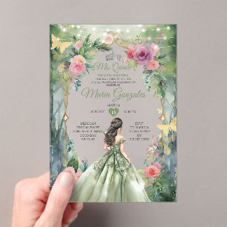 Bos Quinceañera Salie Groene Vlinder Acryl Uitnodigingen