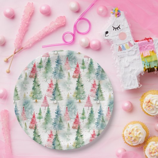 Bos, rode groene dennenbomen vakantie papieren bordje (Feest)