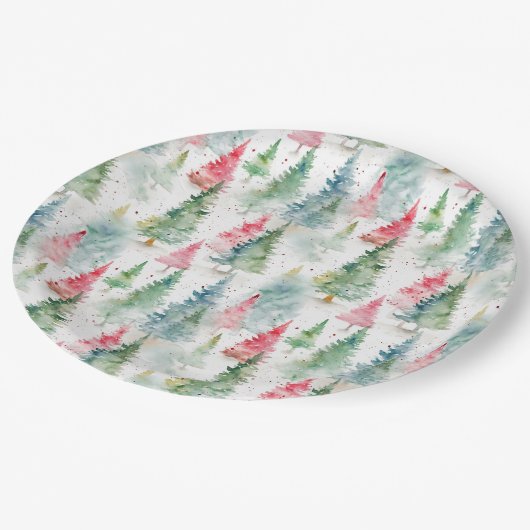 Bos, rode groene dennenbomen vakantie papieren bordje (Gekanteld)