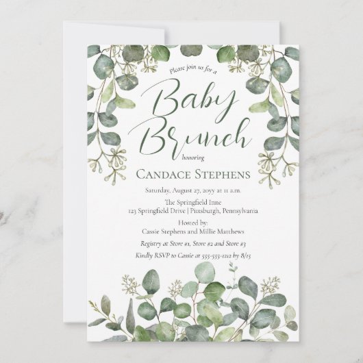 Bos | Sage Green Seed Eucalyptus Baby Brunch Kaart (Voorkant)