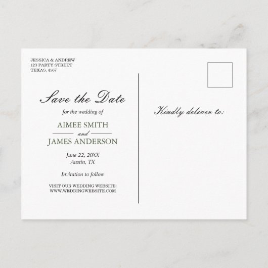 Bos Sla de Datum Op Postkaart Elegante Pijnboom Wi Aankondigingskaart (Achterkant)