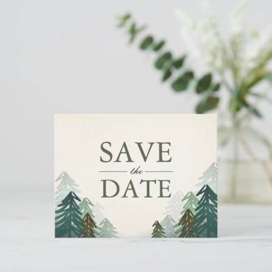 Bos Sla de Datum Op Postkaart Elegante Pijnboom Wi Aankondigingskaart (Staand voorkant)