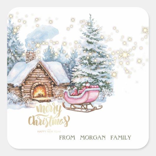 Bos Sneeuw Huis Slede Vierkante Sticker (Voorkant)