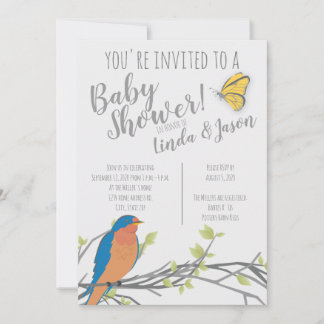Bos Thema Babyfeest met Blauwe Vogel & Gebladerte Kaart