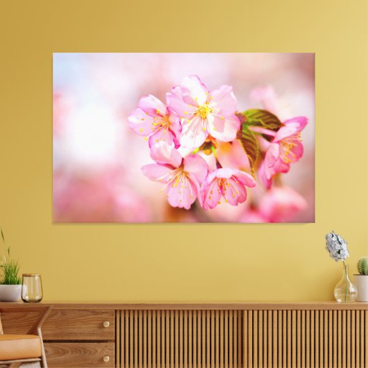 Bos verse roze Sakura-bloemen op roze Canvas Afdruk (Insitu (Woonkamer))