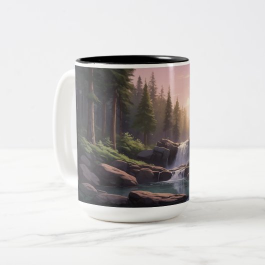 Bos Waterval, Dusk Sky & Pool | Serene Natuur Tweekleurige Koffiemok (Voorkant links)