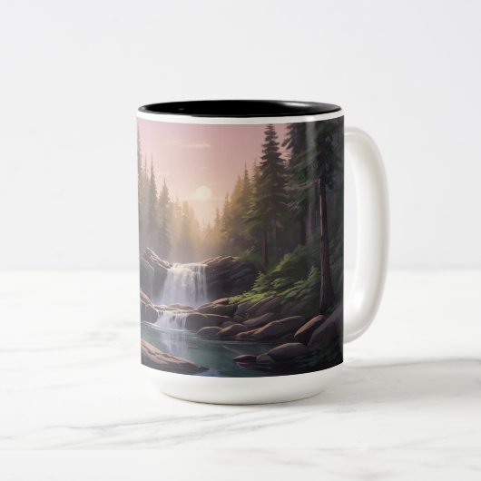 Bos Waterval, Dusk Sky & Pool | Serene Natuur Tweekleurige Koffiemok (Voorkant rechts)