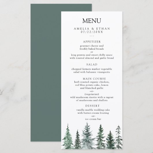 Bos Winterse Waterverf Bruiloft Menu (Voorkant / Achterkant)