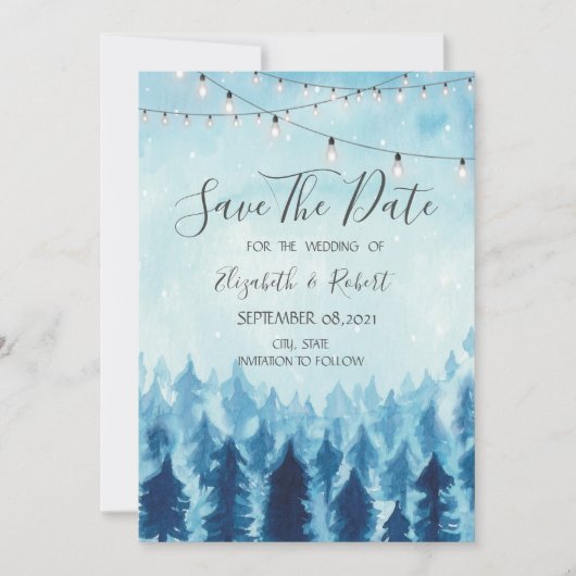 Bos, Woud, Blauwe Dennenbomen Bewaar de Datum Save The Date (Voorkant)