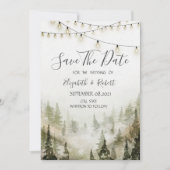 Bos, Woud, Dennenbomen, Lichtjes Bewaar De Datum Save The Date (Voorkant)