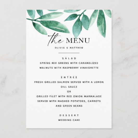 Bos zomergroen. Florale botanische bruiloft Menu (Voorkant)