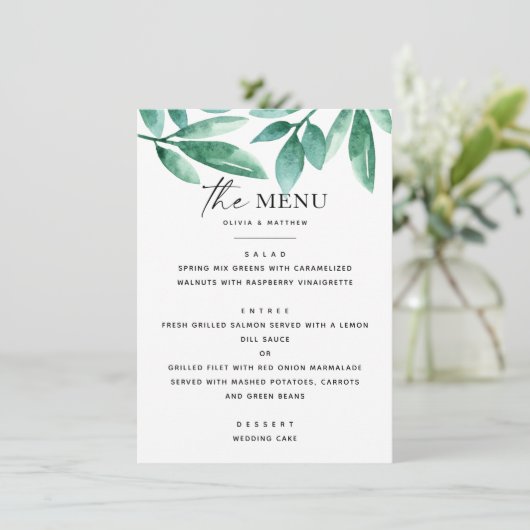 Bos zomergroen. Florale botanische bruiloft Menu (Staand voorkant)