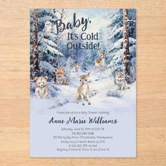 Bosbaby Dieren Winter Jongens Baby Shower Acryl Uitnodigingen (Voorkant)