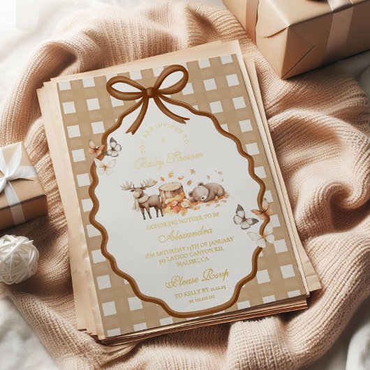 Bosbabyfeest Gingham Herfst Folie Uitnodiging