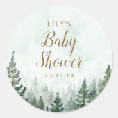 Bosbabyfeest met rustieke dennenbomen ronde sticker (Voorkant)