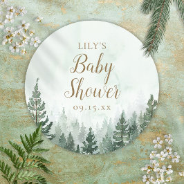 Bosbabyfeest met rustieke dennenbomen ronde sticker
