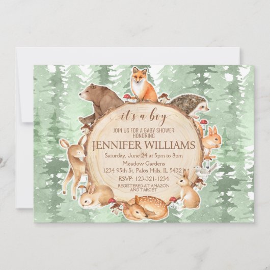 Bosbeboste dieren jongen baby shower uitnodiging (Voorkant)