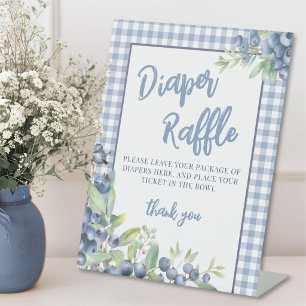 Bosbes Blauwe Gingham Baby Shower Luier Raffle Reclamebord Met Voetstuk