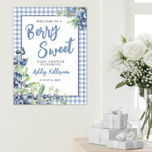 Bosbes Blauwe Gingham Bes Zoete Baby Shower Poster