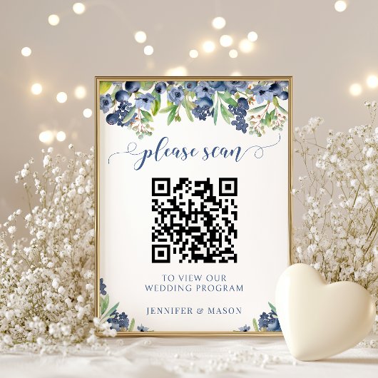 Bosbes Bloem Bruiloftsprogramma QR-code Poster