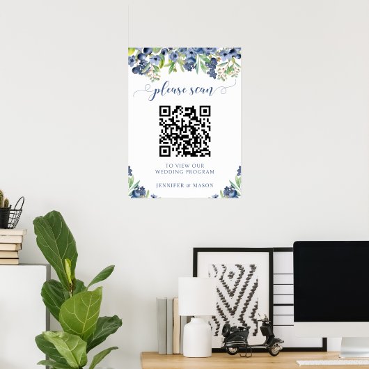 Bosbes Bloem Bruiloftsprogramma QR-code Poster (Thuiskantoor)