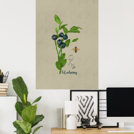Bosbes botanisch met bij en bloem poster