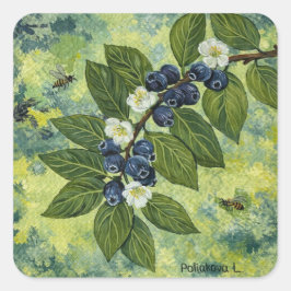 Bosbes Tak Botanische Illustratie Vierkante Sticker