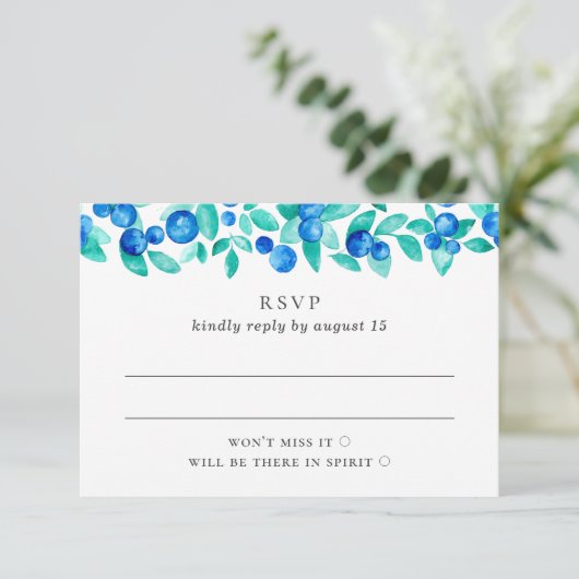 Bosbessen. Bruiloft met blauwe en muntbessen RSVP Kaartje (Staand voorkant)