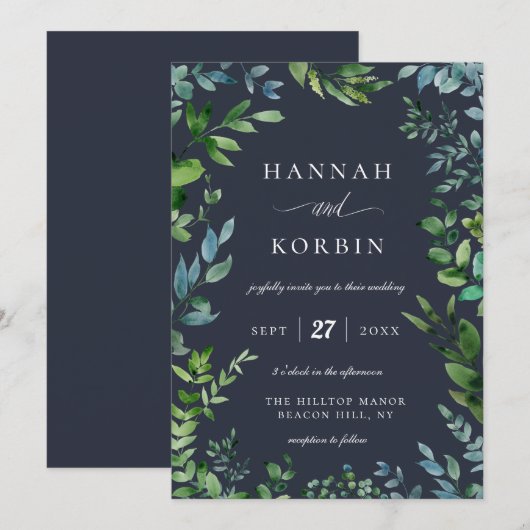 Bosbladeren Lijst | Marineblauwe bruiloft Kaart (Voorkant / Achterkant)
