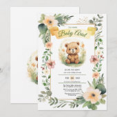 Bosbloemen schattig beer baby shower uitnodiging (Voorkant / Achterkant)