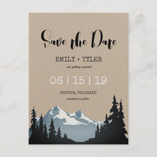 Bosbomen in bergbossen sparen de datum aankondigingskaart (Voorkant)