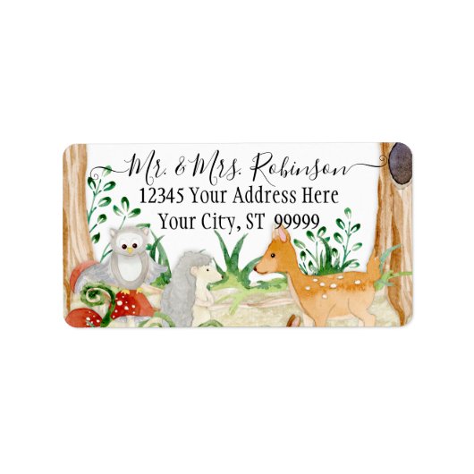 Bosbos Deer Fox Owl Animal Foliage White Etiket (Voorkant)