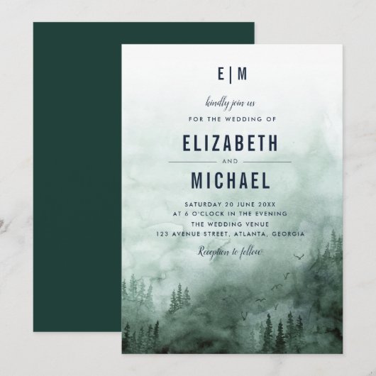 Bosbossen groene trouwuitnodiging kaart (Voorkant / Achterkant)