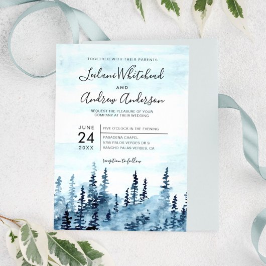 Bosbossen Waterverf Blue Wedding Kaart