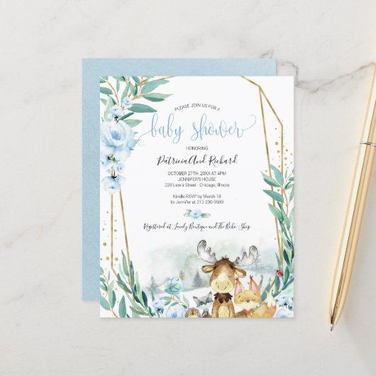 Bosbouwdieren Baby shower Budget Invitations (Voorkant / Achterkant in situ)