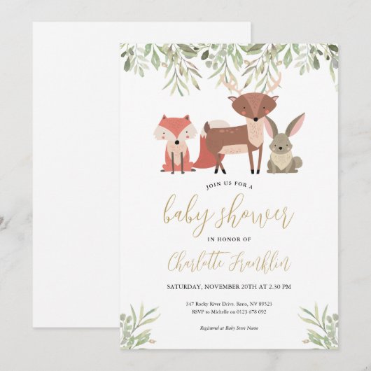 Bosbouwdieren Baby shower Kaart (Voorkant / Achterkant)