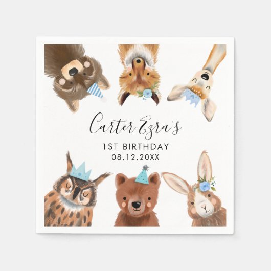 Bosbouwdieren Birthday Party Blue Servet (Voorkant)