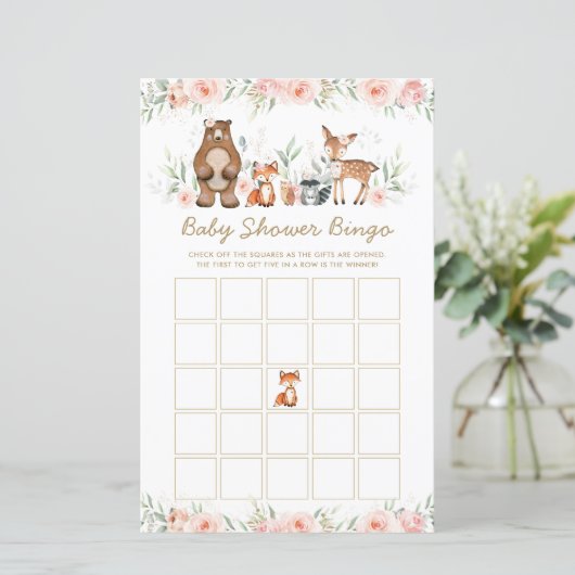 Bosbouwdieren Floral Baby shower Bingo Game (Staand voorkant)