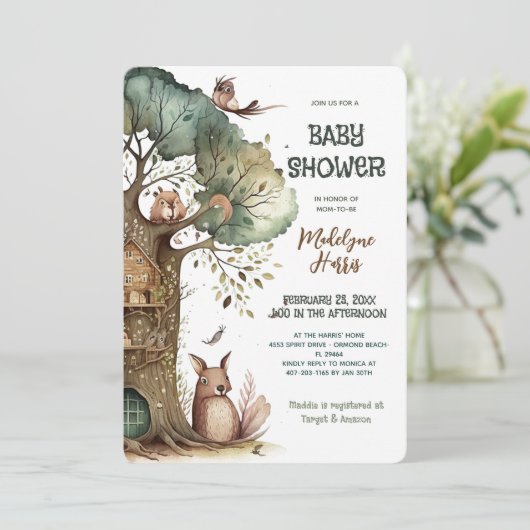 Bosbouwdieren Genderneutraal Baby shower Kaart (Staand voorkant)