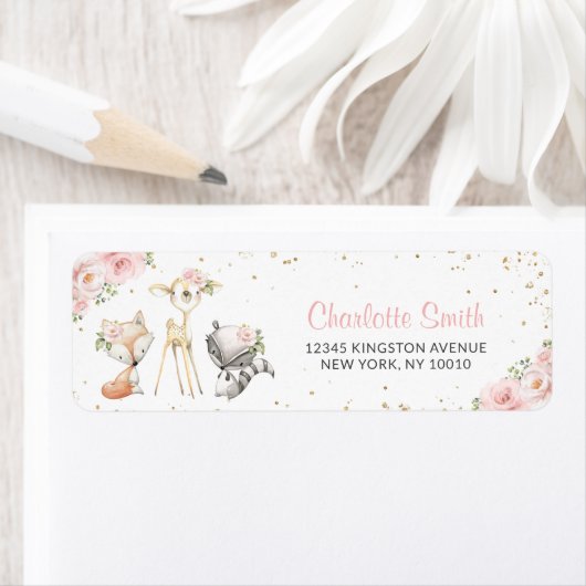 Bosbouwdieren, roze bloemen, Baby shower Etiket (Insitu)