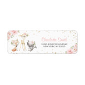 Bosbouwdieren, roze bloemen, Baby shower Etiket (Voorkant)
