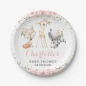 Bosbouwdieren, roze bloemen, Baby shower Papieren Bordje (Voorkant)