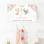 Bosbouwdieren, roze bloemen, Baby shower Spandoek (Insitu)
