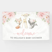 Bosbouwdieren, roze bloemen, Baby shower Spandoek (Horizontaal)