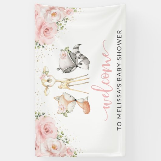 Bosbouwdieren, roze bloemen, Baby shower Spandoek (Verticaal)