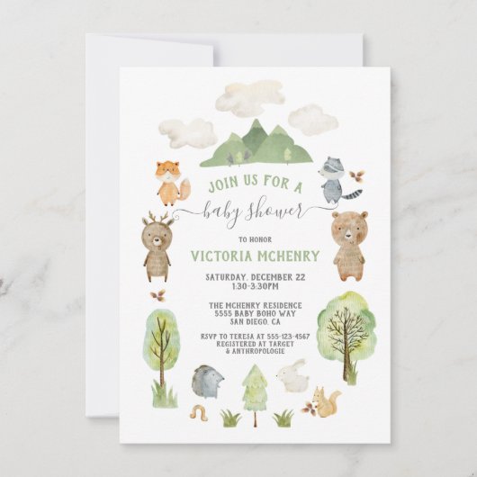 Bosbouwland Waterverf Forest Animals Baby shower Kaart (Voorkant)