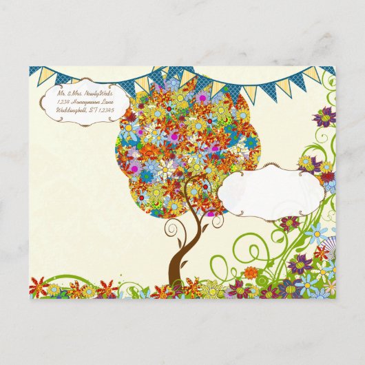 Bosbouwpatchwork Floral Fairy Tale Tree Aankondigingskaart (Achterkant)