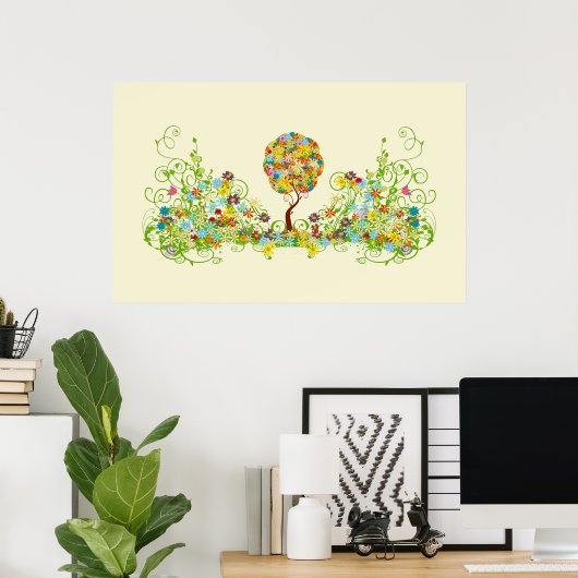 Bosbouwpatchwork Floral Fairy Tale Tree Poster (Thuiskantoor)