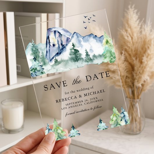 Bosbruiloft met dennenbomen Save the Date Acryl Uitnodigingen