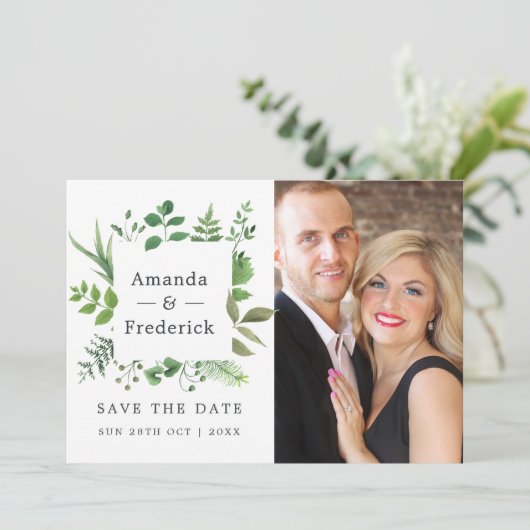 Bosbruiloft met groen save the date (Staand voorkant)